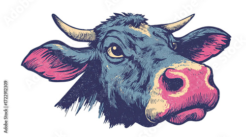 Retro Vintage Cow Head Illustration in Blue and Pink Colors