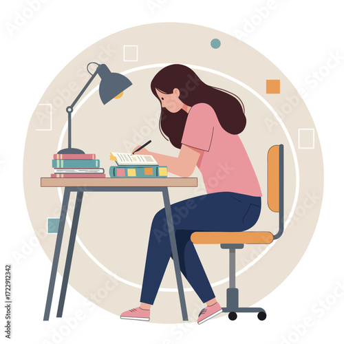 Student Studying at Desk with Books and Lamp