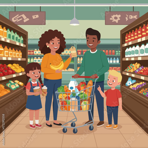 Happy Family Shopping for Groceries at Supermarket
