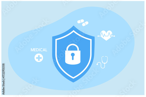 Cybersecurity in Healthcare and Medical concept.  secure data management and protect data from hacker attacks and padlock icon to internet technology networking vector 