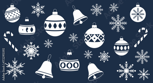 Festive seamless Christmas pattern featuring white ornaments snowflakes and candy canes on a dark