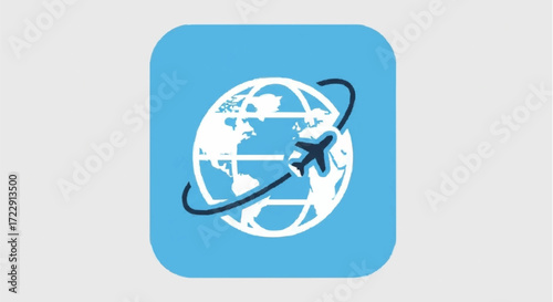 Modern graphic design featuring an airplane circling the globe, symbolizing international travel, flight booking, and global transportation services for mobile applications.