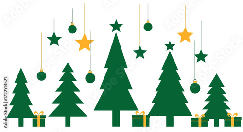Festive Christmas trees decorated with stars, baubles and gifts creating a happy atmosphere