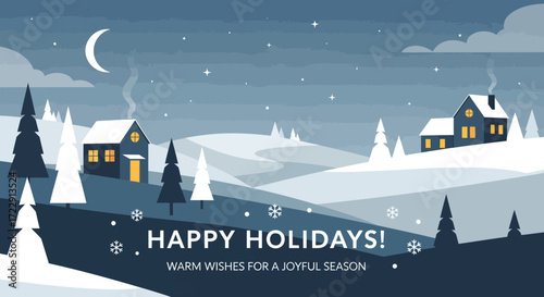 Charming winter holiday scene with cozy houses and snowy landscapes evokes festive cheer and