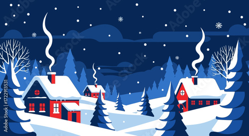 Charming winter village scene with snow-covered houses and a festive atmosphere created by smoke