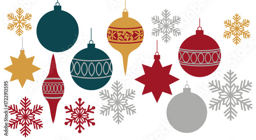 Festive Christmas Ornaments and Snowflakes Illustration on White Background