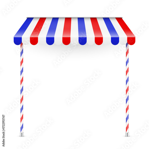 Shop sunshade. Realistic striped cafe awning. Outdoor market tent. Roof canopy. Summer street store. Vector illustration.