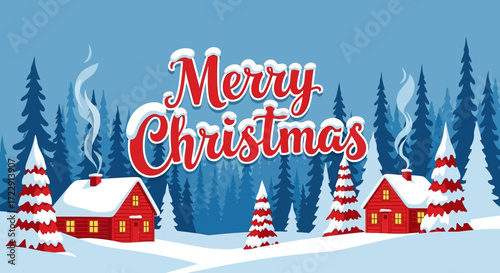 Festive Christmas Scene with Snow-Covered Cabins and Evergreen Trees under a Blue Sky