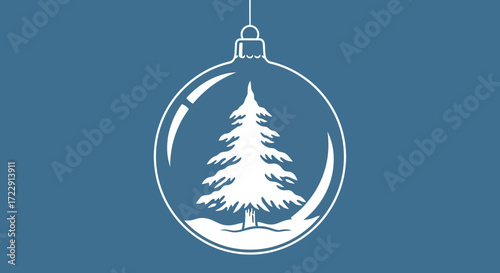 Elegant christmas ornament illustration featuring a stylized pine tree inside a sphere on blue