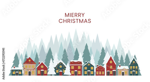 Festive Christmas Village Illustration with Snowy Forest and Decorative Lights ideal for holiday