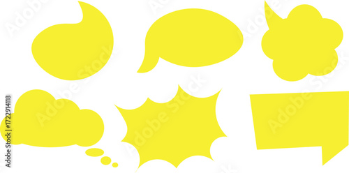 Six assorted yellow speech bubbles are displayed against a clean white, transparent backdrop