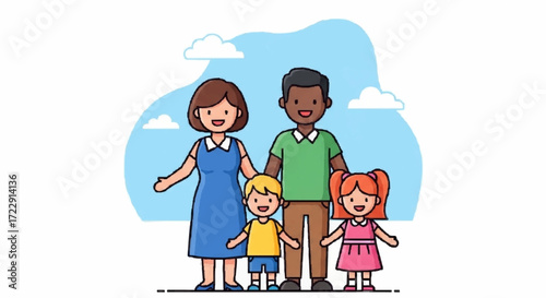 Joyful Diverse Family Cartoon Illustration with Two Kids