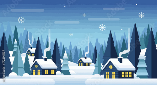 Charming winter landscape with snow-covered houses nestled among pine trees evoking a sense of peace
