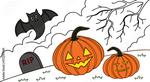 Halloween Pumpkins with Jack O’Lantern Faces, Flying Bat, and Graveyard Scene