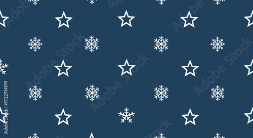 Elegant winter holidays seamless pattern featuring stars and snowflakes on a navy background