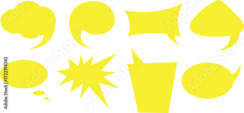 Various yellow speech bubbles display different shapes against a white transparent background