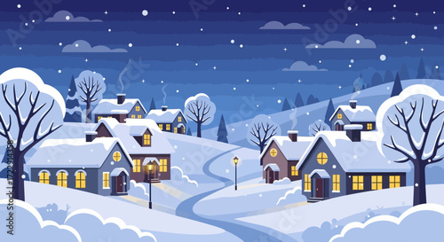 Charming winter village illustration with snow-covered houses and cozy atmosphere