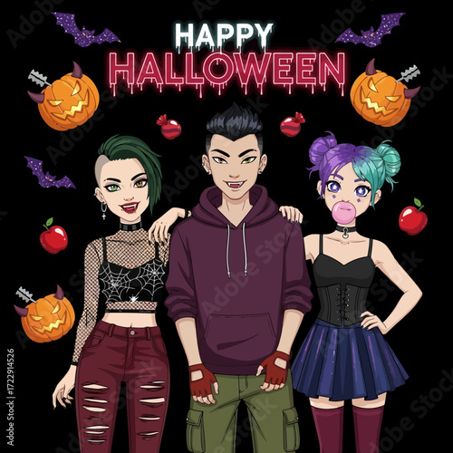 Spooky Halloween crew ready for a night of fun, featuring pumpkins, bats, and a vibrant, youthful vibe
