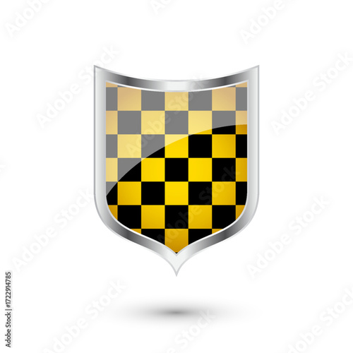 Glossy shield with yellow and black pattern. Security and protection concept. Cyber safety icons, internet privacy, web defense, digital data protection and antivirus themes. Vector illustration