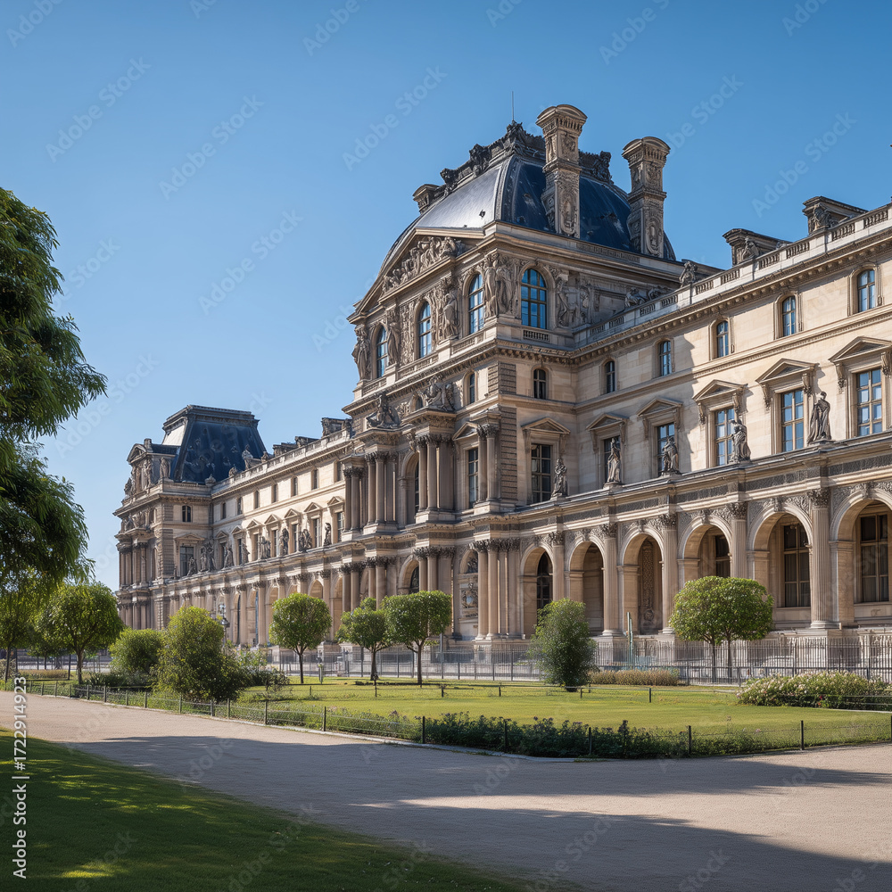 Fototapeta premium Exterior View of the Louvre Museum in Paris on a Sunny Day