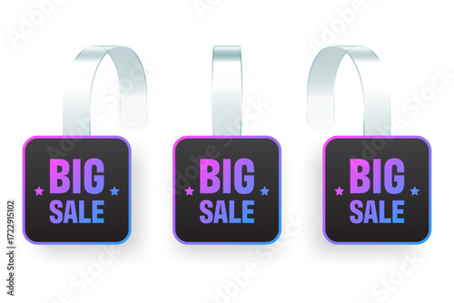 Colorful neon supermarket promotional wobblers. Realistic wobbler template for shelf advertising. Sale or discount label with ad text. Special offer price tag. Vector illustration