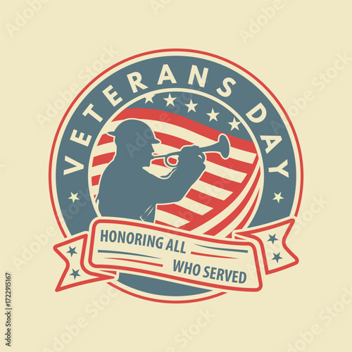 Veterans Day Emblem with Soldier Silhouette and USA Flag. Vector illustration
