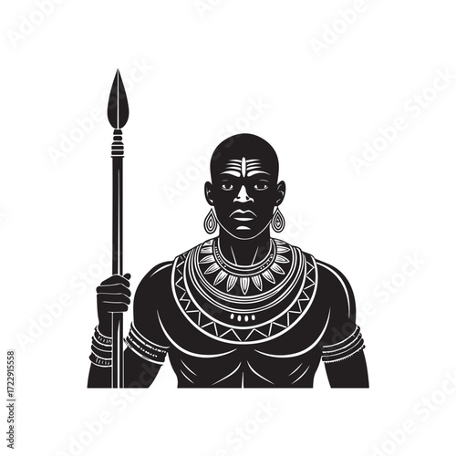 African Warrior Silhouette with Spear and Tribal Jewelry Illustration black colour vector design and white background (2).eps