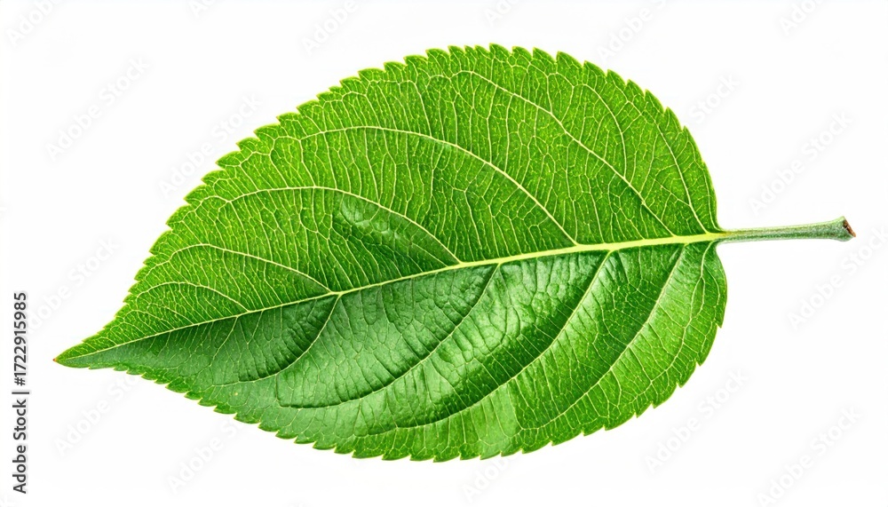 Fototapeta premium A single, vibrant green leaf isolated on a white background showcasing its veins and texture. Clean presentation with focus on detail