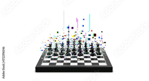 Chess pieces on a chessboard dissolving into digital pixelated fragments against a white background