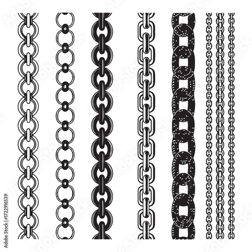 Diverse Chain Link Designs, A collection of black silhouette vector patterns featuring various styles of metal chains, including classic, ornate, and geometric links (3).eps