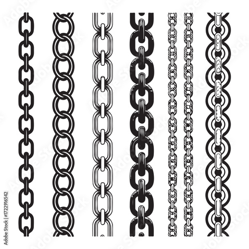 Diverse Chain Link Designs, A collection of black silhouette vector patterns featuring various styles of metal chains, including classic, ornate, and geometric links (2).eps
