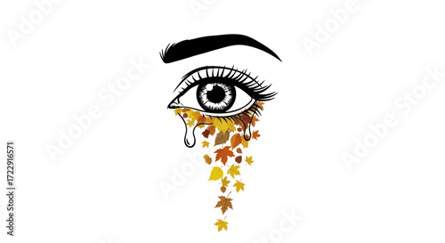Conceptual image of a stylized eye crying colorful autumn leaves conveying melancholic beauty