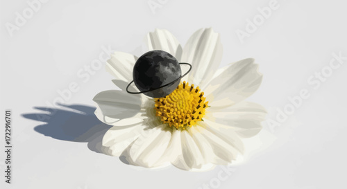 Cosmos in Bloom: A Daisy Adorned with a Miniature Lunar Globe in Minimalist Style