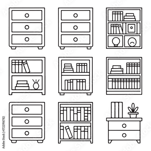Linear Bookshelf Icons, A set of outline vector icons illustrating various bookshelf designs, some with drawers and stacked books (3).eps