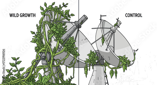 Dichotomy of satellite dishes, one overtaken by lush greenery and the other in pristine control