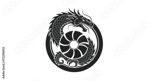 Detailed serpentine dragon with spiky scales and a distinctive fan-like pattern emblem design