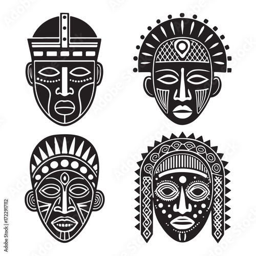 Set of African Tribal Masks Silhouettes Ethnic Cultural Icons (3).eps