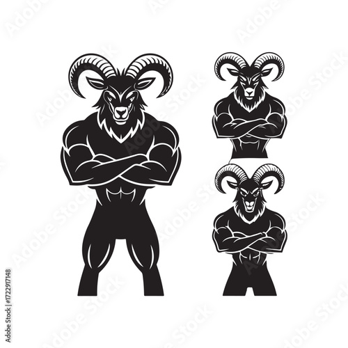 Set of Aggressive Ram or Goat Silhouettes with Horns and Fangs (1).eps