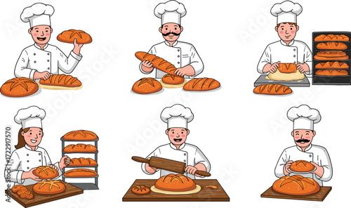 Cartoon bakery chef illustration, baking bread preparation, professional baker character art, fresh bread loaves, cooking process, kitchen worker drawing, food illustration
