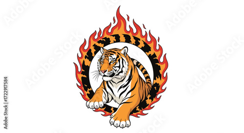 Fiery feline courage symbolic vector, tiger emerging through ring of fire design