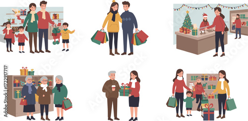 Cartoon people shopping gifts, family Christmas shopping, holiday season illustration, winter sales, present exchange, festive market, retail store, celebration concept art