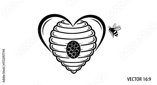 Heart shaped beehive vector graphic with flying bee, emphasizing the sweet bond of nature
