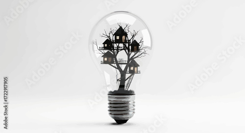 Innovative concept showing a treehouse inside a lightbulb, idea illustration representing