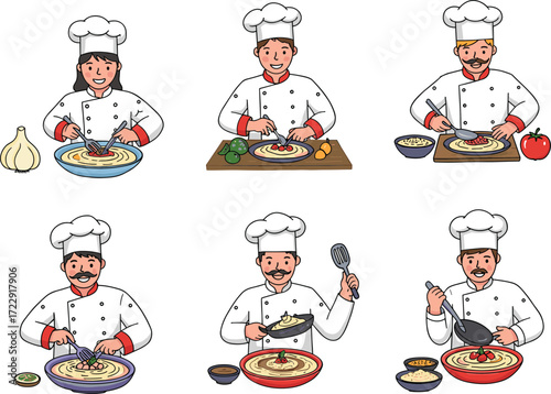 Cartoon chefs cooking pasta, professional chef illustration, Italian cuisine preparation, kitchen art, culinary teamwork, gourmet recipe design, restaurant concept illustration