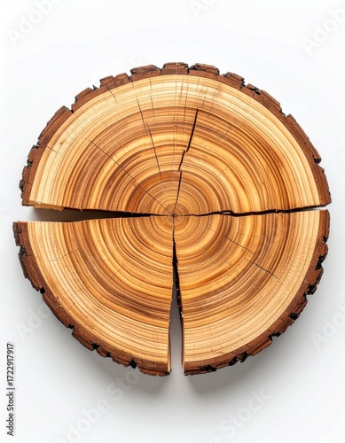 Cross-section of a tree trunk showing growth rings and split into four pieces, top-down on a white backdrop