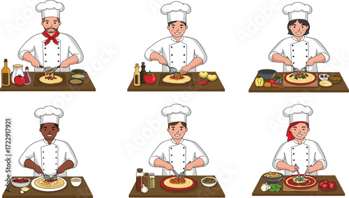 Cartoon chefs preparing pizza, professional cook illustration, Italian food preparation, kitchen art, culinary teamwork, gourmet cooking, restaurant menu design, delicious recipe concept