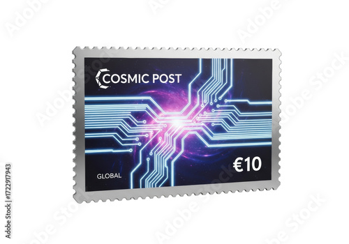 Sleek, futuristic international postage stamp with glowing silver circuits, indigo-violet cosmic background, 'COSMIC POST' text, isolated on white, concept of global space communication