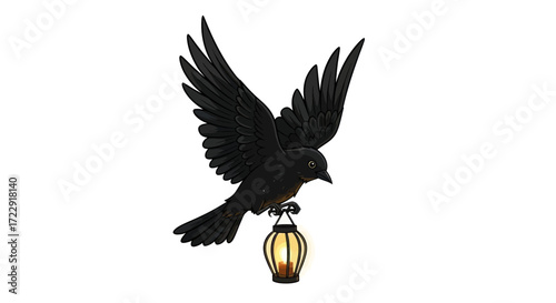 Majestic crow illustration carrying a glowing lantern against a minimalist background for graphic