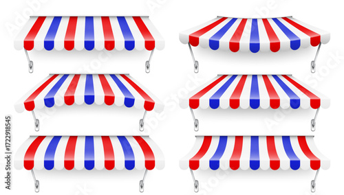 Shop sunshade with metal holder. Realistic striped cafe awning. Outdoor market tent. Roof canopy in French flag colors. Summer street store. Vector illustration