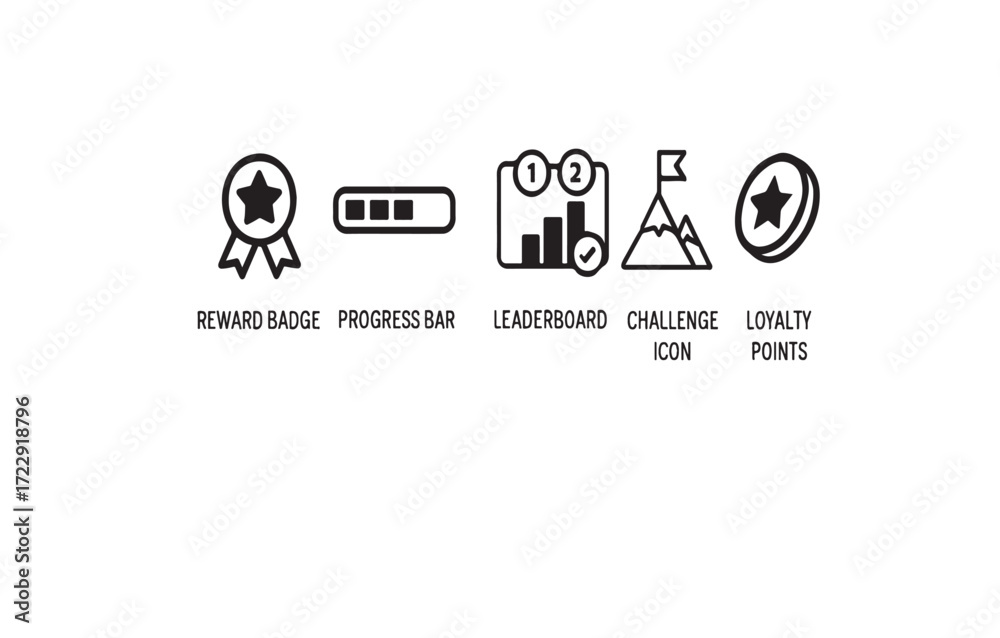 Fototapeta premium Print Gamification in marketing icon set – reward badge, progress bar, leaderboard, challenge icon, and loyalty points, clean bold vector, isolated on white background